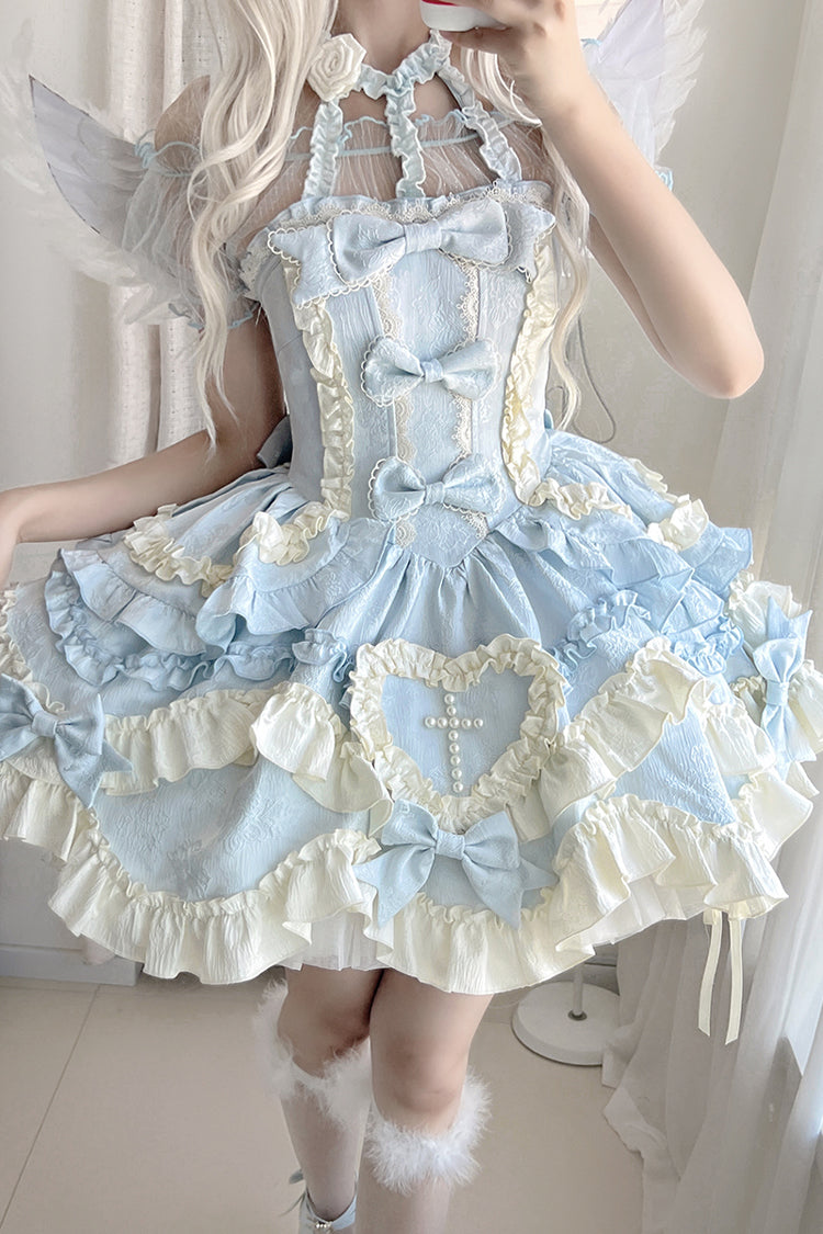 Blue Heart of Butterfly Halterneck Sleeveless Multi-Layered Ruffle Embroidery Princess Ballet Lolita Jsk Dress Set