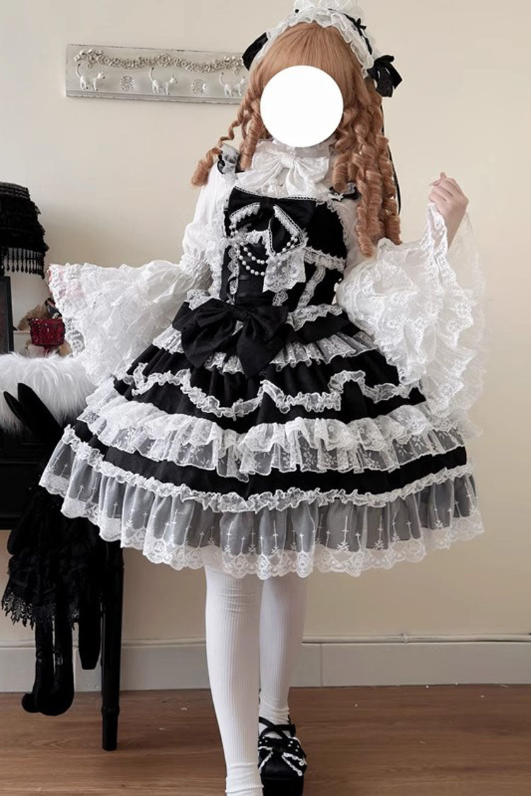 Black Love and Heart Flutter Sleeveless Multi-Layered Ruffle Bowknot Lace Pearl Sweet Lolita Jsk Dress