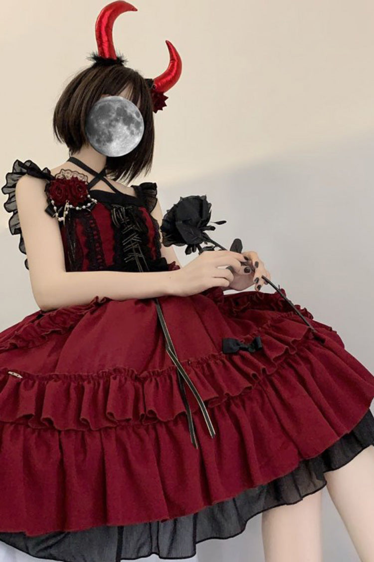 Red Seven Deadly Sins - Wrath Double-Layered Ruffle Stitching Lace Gothic Lolita Jsk Dress