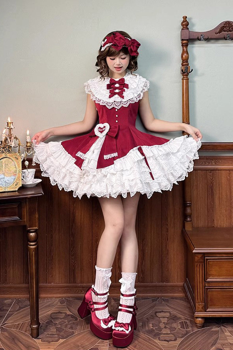 Red Miss Tsundere Sleeveless Multi-Layered Ruffle Bowknot Lace Asymmetric Sweet Princess Lolita Dress