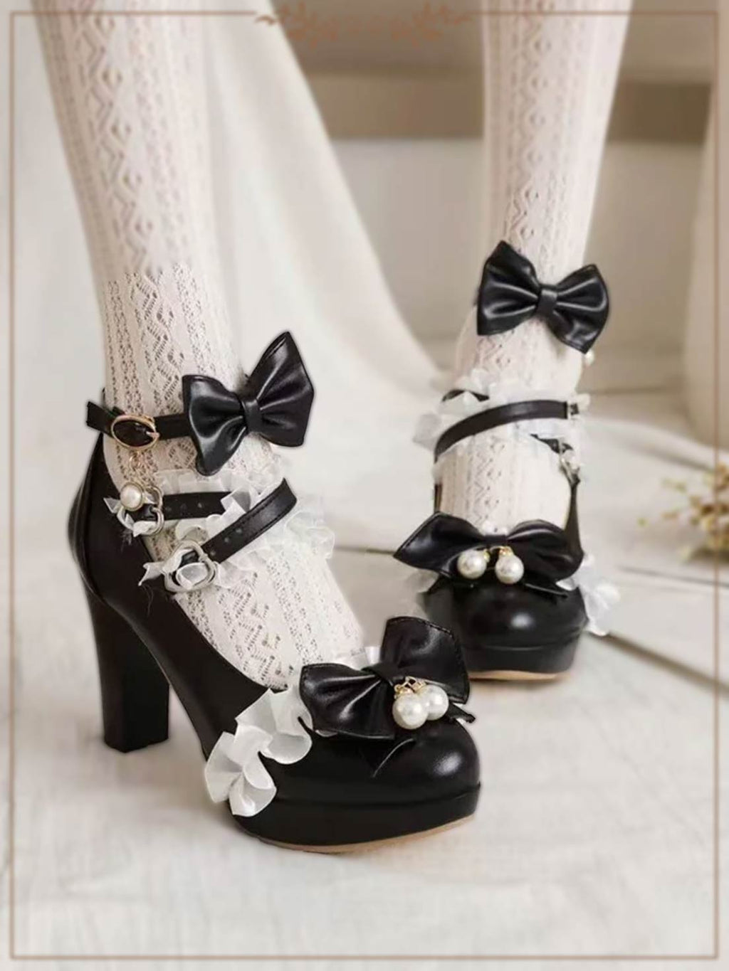 Lolita Shoes Sweet Princess Lace Bow Accent Heels in 4 Colors