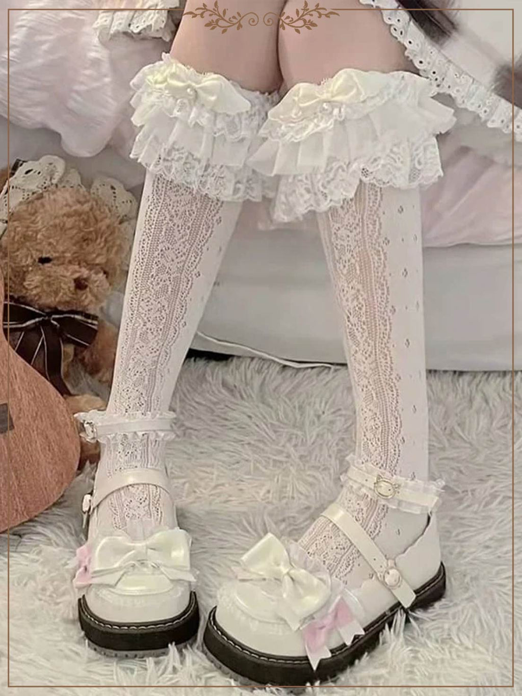 Lolita Stockings Bow Tube White Lace Calf Japanese Spring and Autumn Lolita Accessories