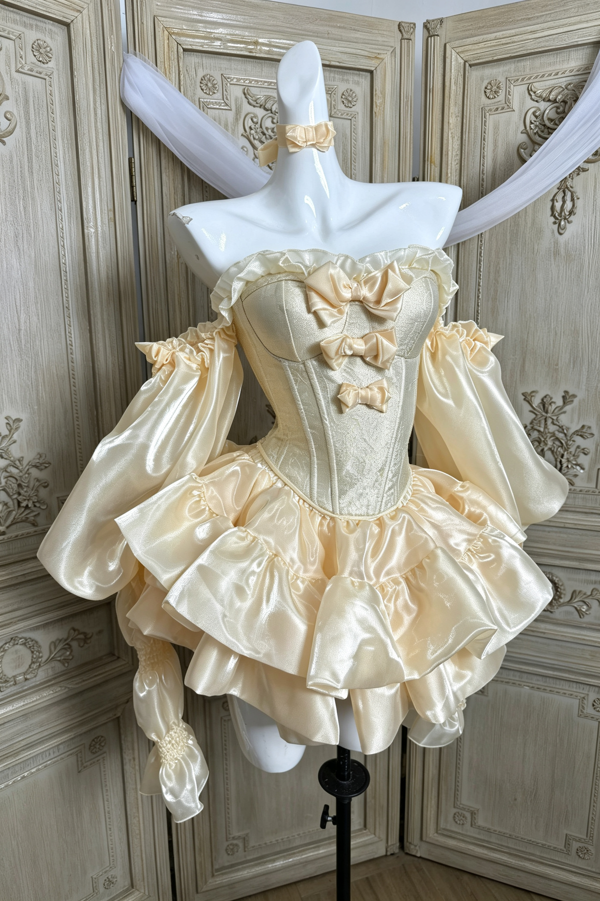 Cream Gold Long Sleeve Ruffled High-Low Train Bowknot Sweet Princess Hime Lolita JSK Dress