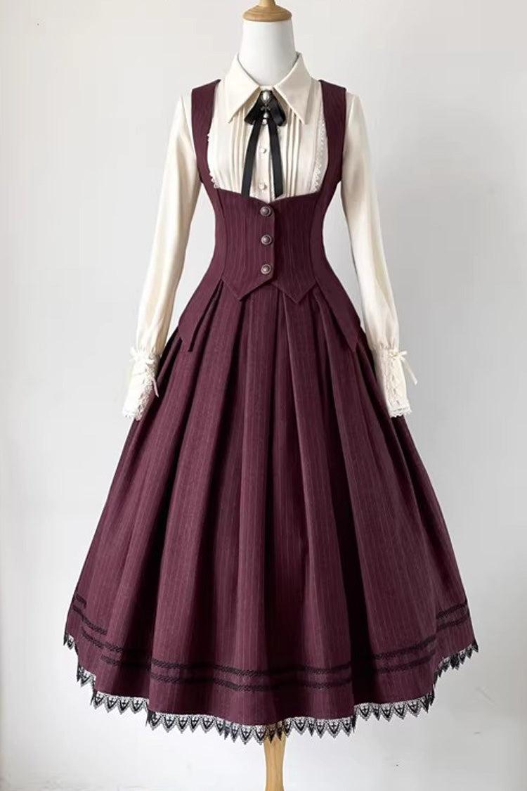Red Griffin's Pact Striped Printed Ruffled Gothic Lolita Skirt Vest Set