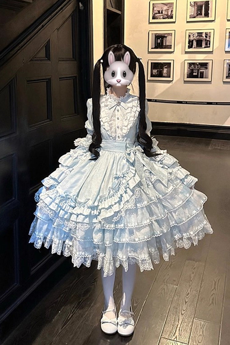 Blue The Soloist Doll Long Hime Sleeves Multi-Layered Print Ruffle Bowknot Asymmetric Sweet Lolita Dress
