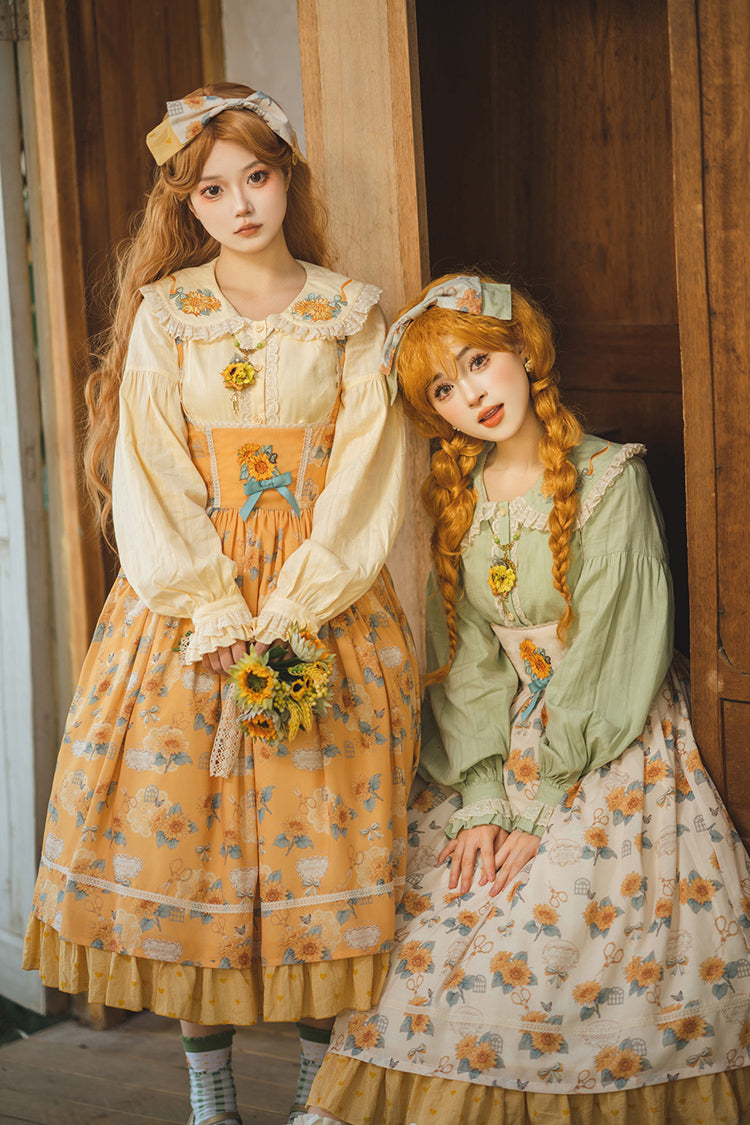 Yellow Gardening Sunflower Sleeveless Print Ruffle Bowknot Sweet Elegant Uplift Lolita Jsk Dress