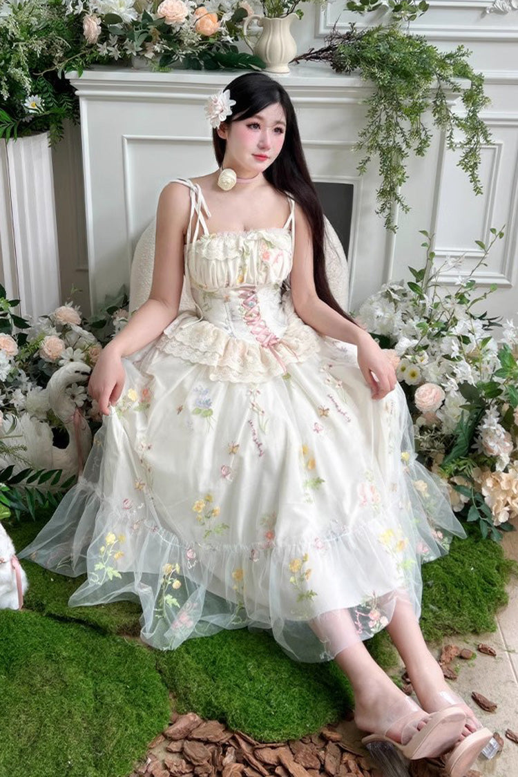 Off White Spring Bouquets Romantic Ruffle Embroidery Bowknot Mesh Sweet Lolita Jsk Dress