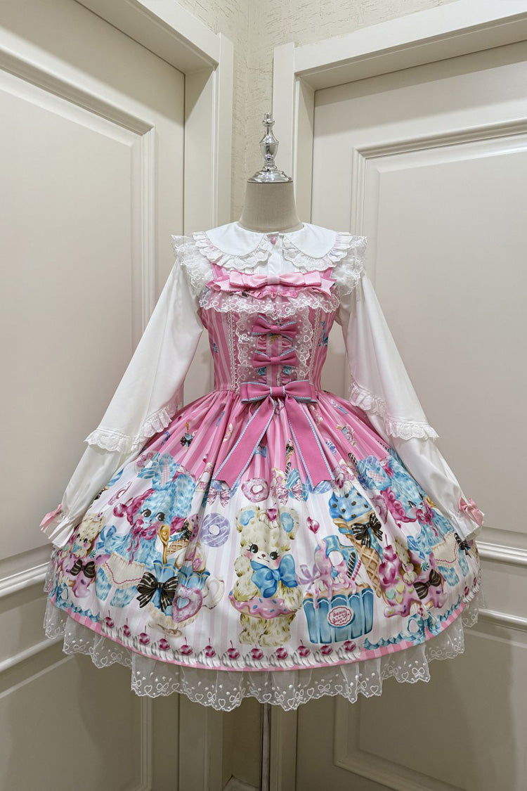 Pink Floral Whisper Bear Print Ruffle Bowknot Lace Sweet Princess Lolita Jsk Dress