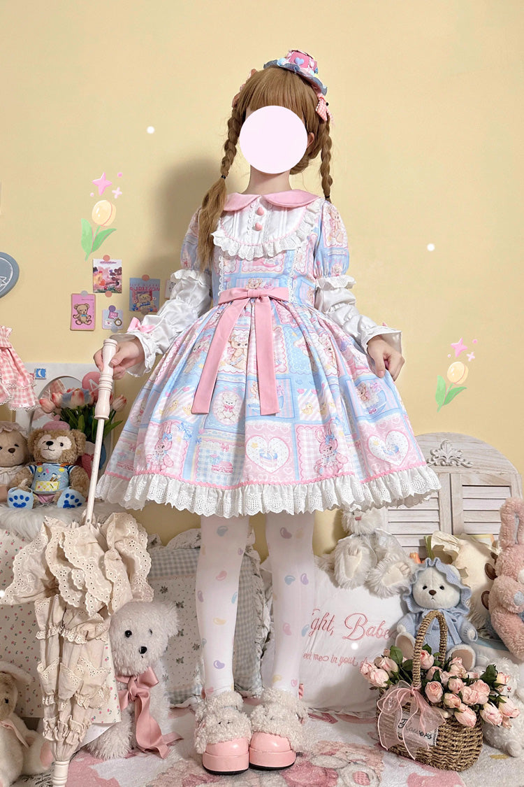 Sweetheart Bunny Bear Lapel Collar Long Sleeves Print Ruffle Bowknot Sweet Lolita Dress 3 Colors