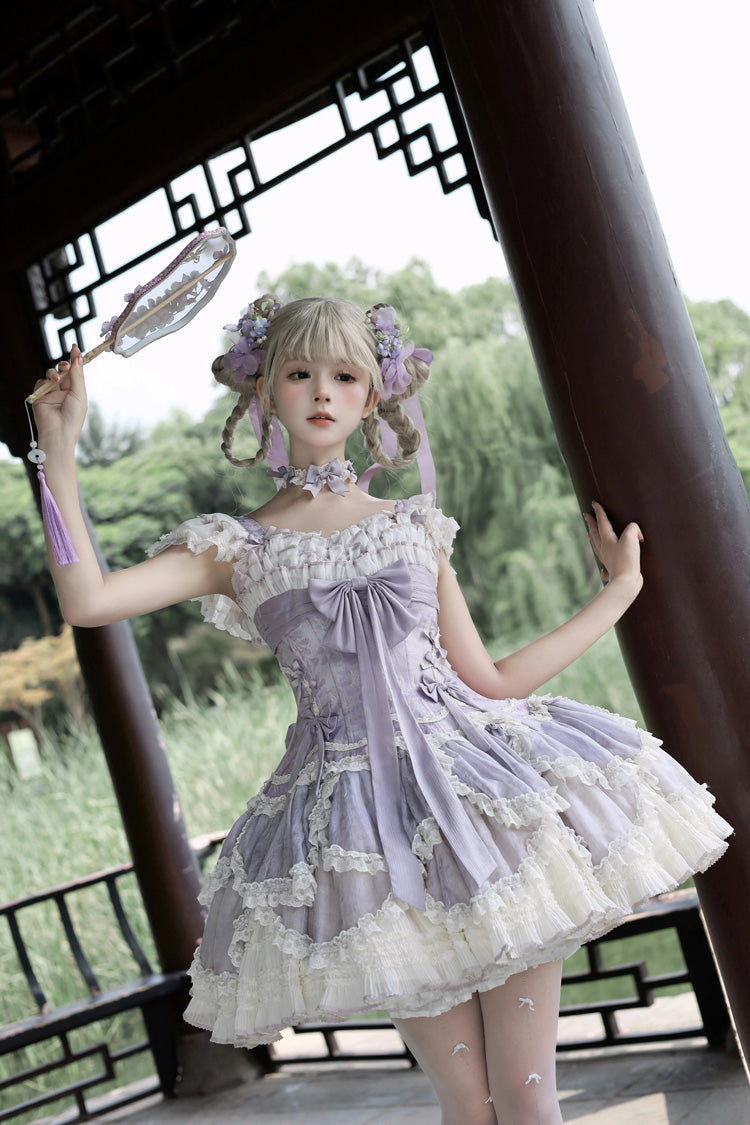 Purple Floral Dream Short Sleeves Multi-Layered Ruffle Embroidery Bowknot Lace-Up Sweet Elegant Ballet Lolita Jsk Dress