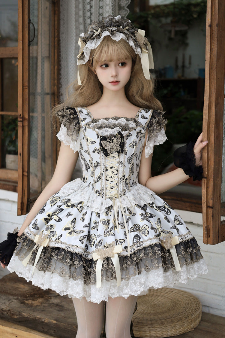 Cream Golden Spirit • Dream Butterfly Sleeveless Print Ruffle Bowknot Lace-Up Sweet Princess Lolita Jsk Dress Set