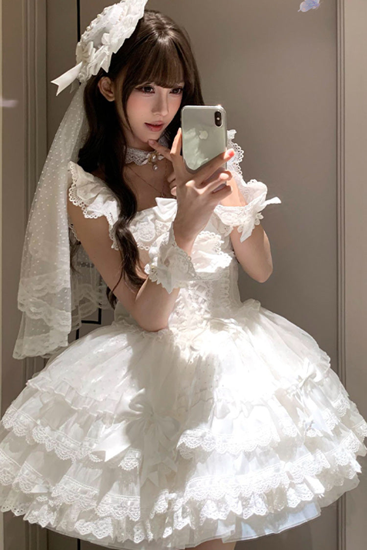 White Flory Butterfly Double-Layered Ruffle Bowknot Lace Lace-Up Sweet Ballet Lolita Jsk Dress