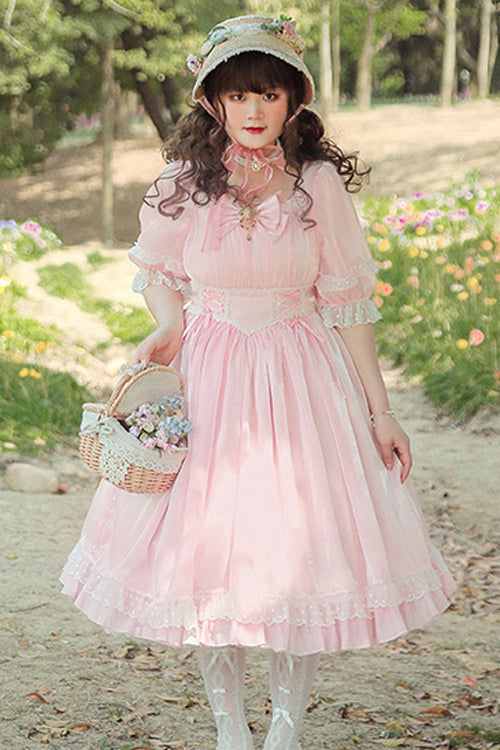 Square Collar Lace Short Sleeves High Waisted Plus Size Sweet Lolita OP Dress