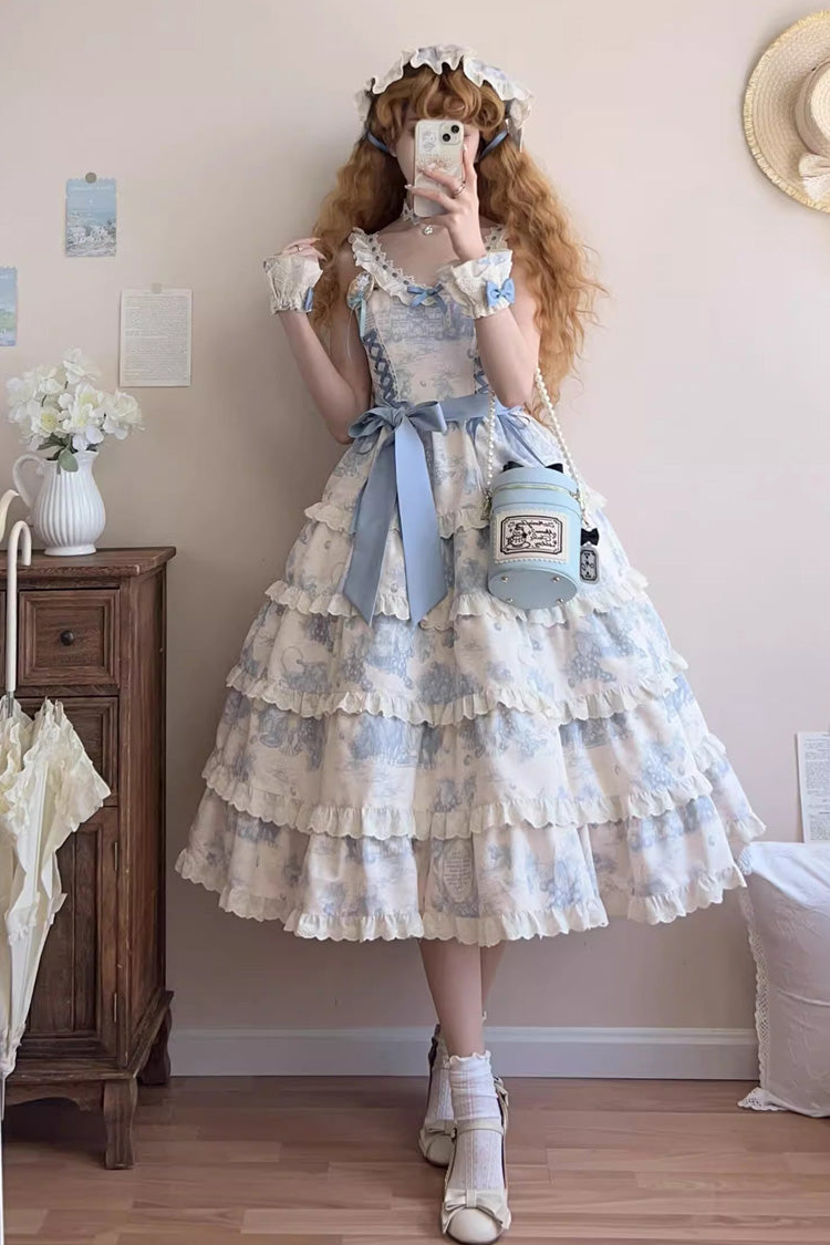 Blue Grape Moon Almanac Sleeveless Multi-Layered Printed Ruffled Bow Adjustable-Length Sweet Lolita Jsk Dress