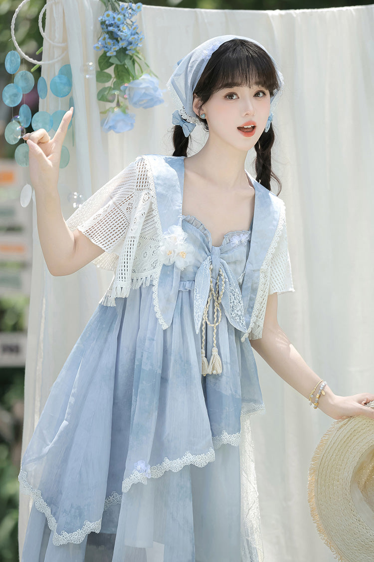 Blue Clouds Resting in the Wilderness Print Ruffle Embroidery Bowknot Lace Irregular Lolita Jsk Dress