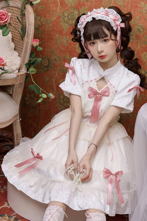 Stand Collar One Button Bubble Short Sleeve Lace Hem Sweet Lolita Dress