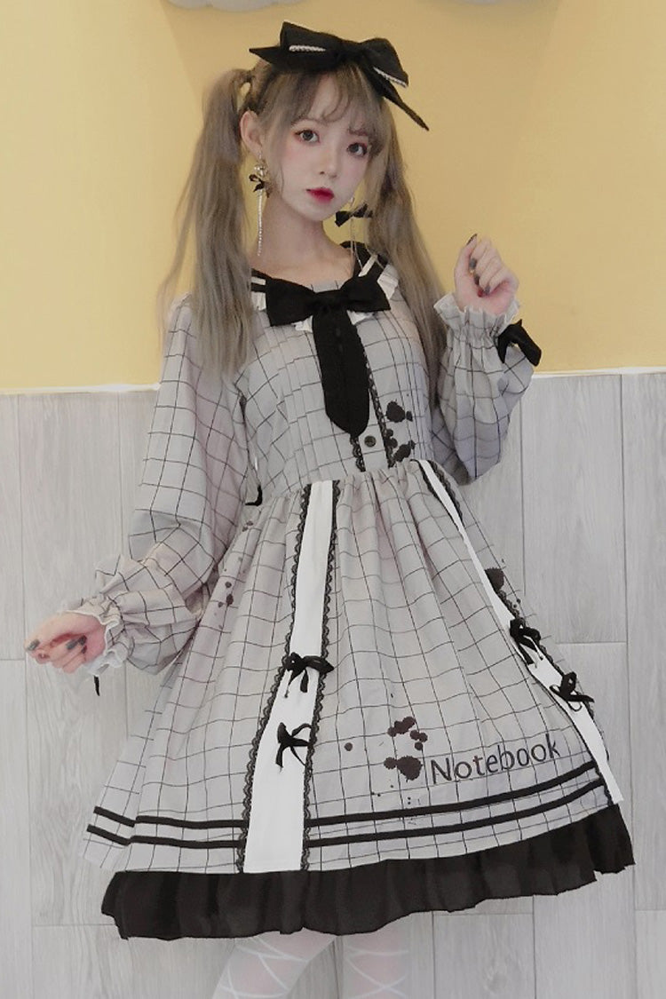 Grey College Style Navy Collar Plaid Leaking Ink Pen Print Ruffled Sweet Lolita Op Dress