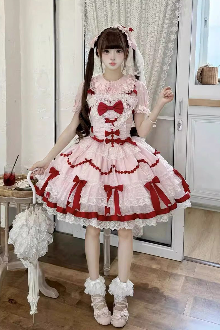 Red/Pink Scarlet Heart Cocoa Sleeveless Triple-Layered Ruffle Embroidery Bowknot Lace Sweet Lolita Jsk Dress