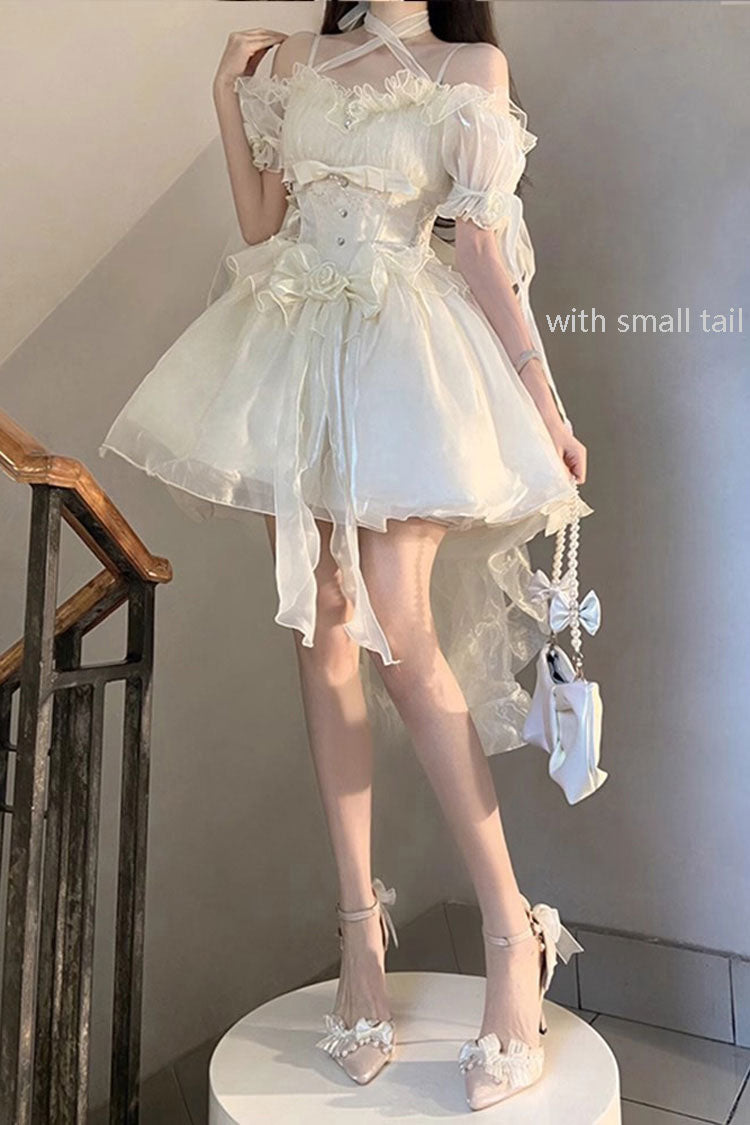 Ivory Midsummer Dream Short Sleeves Ruffle Hanayome Off-The-Shoulder Gothic Short Lolita Dress