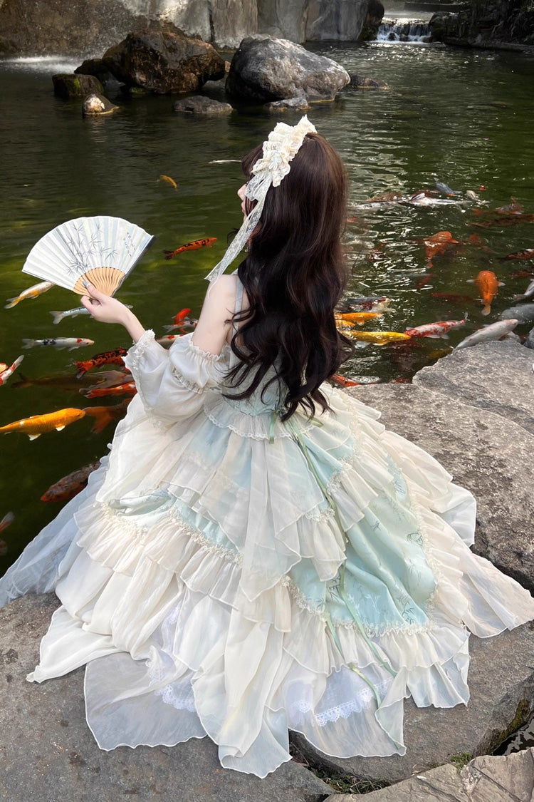 Green Tea Bamboo Song Sleeveless Print Ruffle Bowknot Sweet Chinese Style Elegant Ballet Lolita Jsk Long Dress