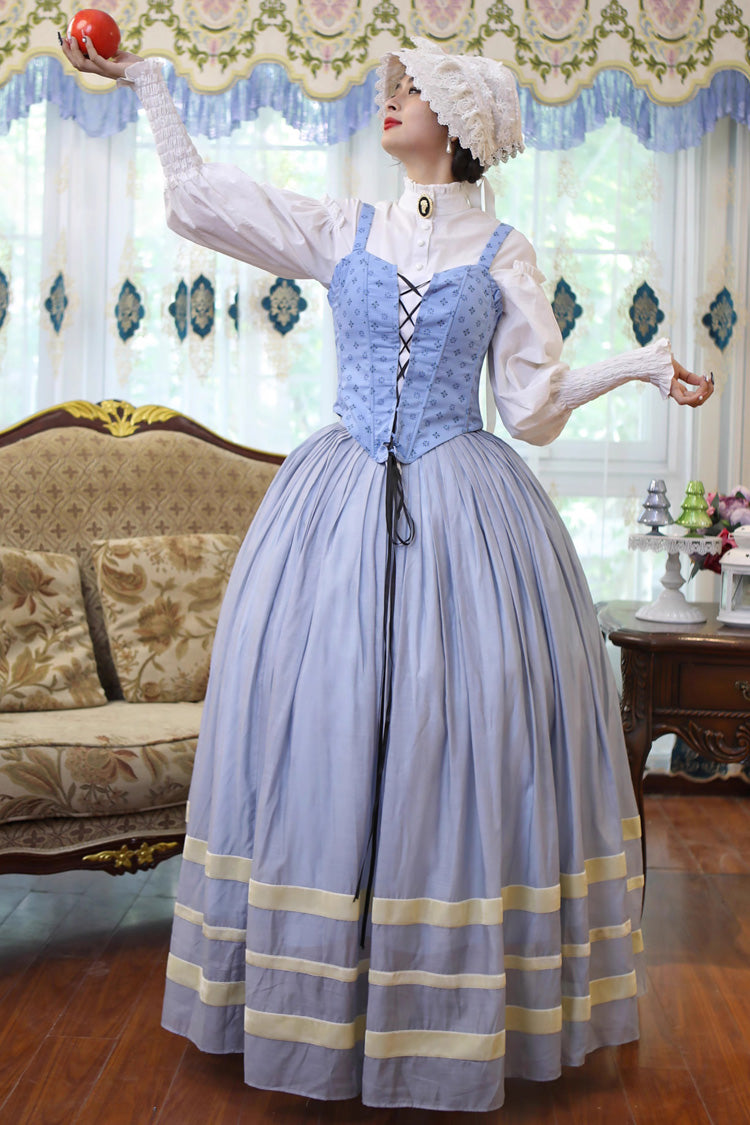 Light Blue Bashu Girl Long Puff Sleeves Print Lace-Up Fishbone Corset Sweet Lolita Skirt Dress Three-Piece Set