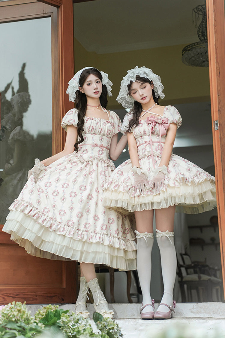 Ivory Rose After The Rain Short Sleeves Triple-Layered Print Ruffle Bowknot Lace-Up Sweet Lolita Long Dress
