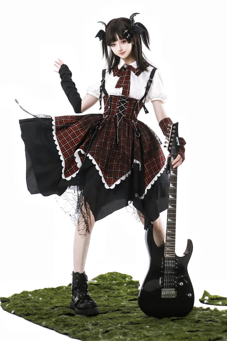 Black/Red Soul Mantra Plaid Print Irregular Sweet Lolita Strap Dress