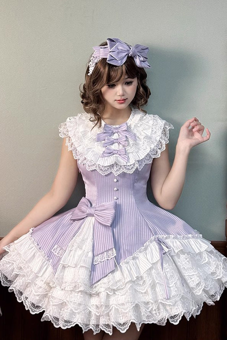 Purple Miss Tsundere Sleeveless Multi-Layered Ruffle Bowknot Lace Asymmetric Sweet Princess Lolita Dress