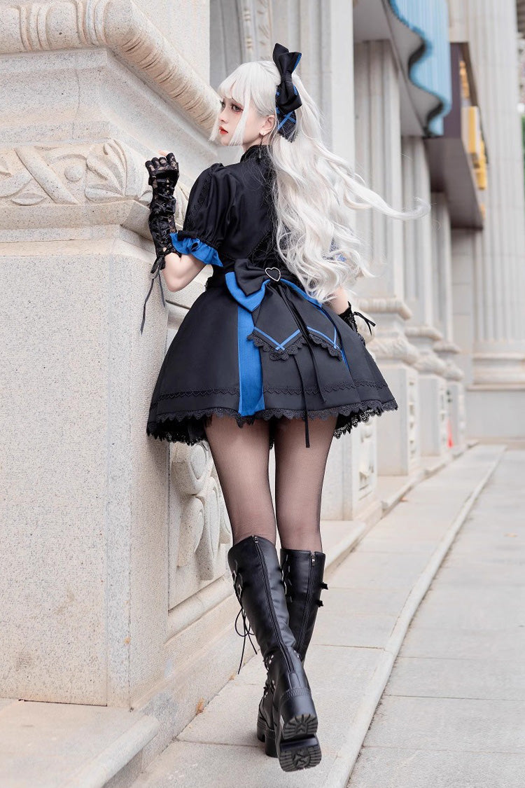 Black/Blue Night Liana Ruffle Bowknot Lace-Up Sweet Japanese Lolita Jumper Dress Set