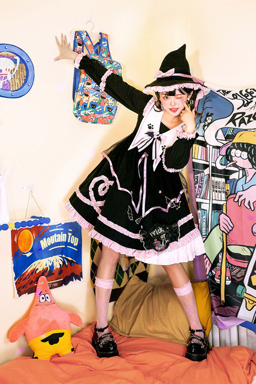 Dark Black High Waisted Purple Ruffled Long Sleeves Lolita OP Gothic Lolita Dress