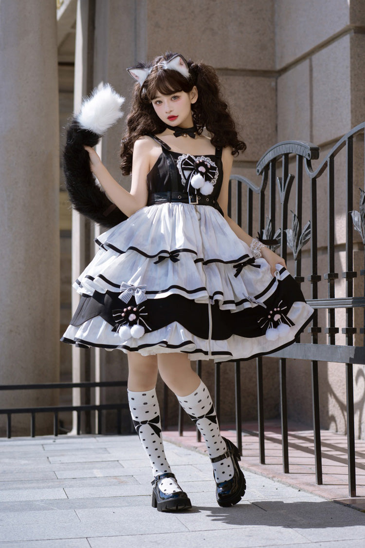 Black/White Cat Fist Triple-Layered Ruffle Bowknot Sweet Lolita Jsk Dress