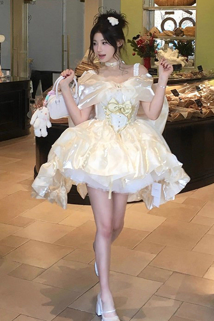 Gold Proxima Centauri Off Shoulder Ruffle Bowknot Sweet Princess Lolita Dress
