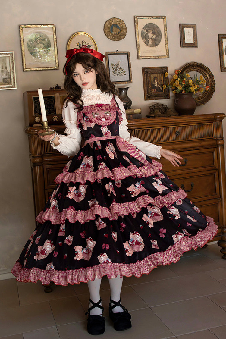 Blue/Pink Bell Strawberry Farm Embroidery Print Triple-Layered Ruffle Sweet Lolita JSK Dress