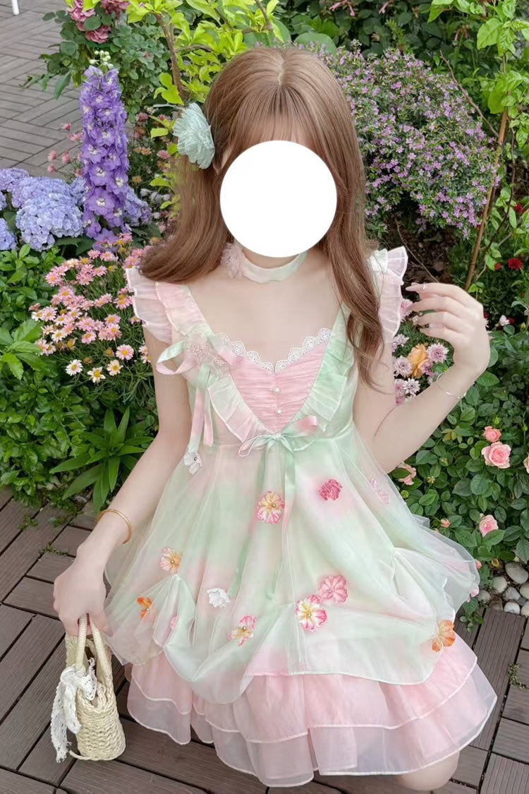 Pink/Green Dream of Flowers Sleeveless Print Ruffle Lace Sweet Princess Lolita Jsk Dress