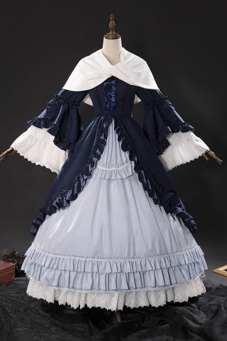 Blue Loli Detective Triple-Layered Ruffle Cardigan Bowknot Gothic Lolita Victorian Dress Set