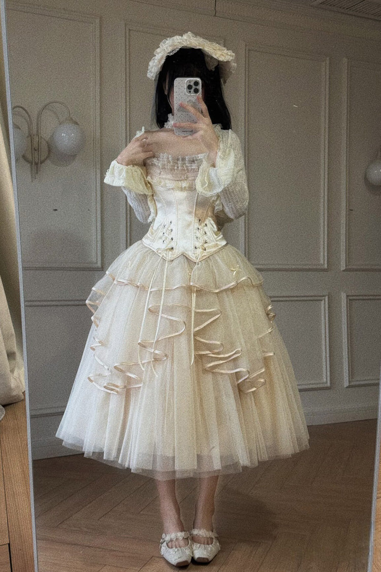 Ivory The Summer Waves Sparkle Square Collar Sleeveless Multi-Layered Ruffled Bow Lace-Up Slim Sweet Lolita Skirt Set