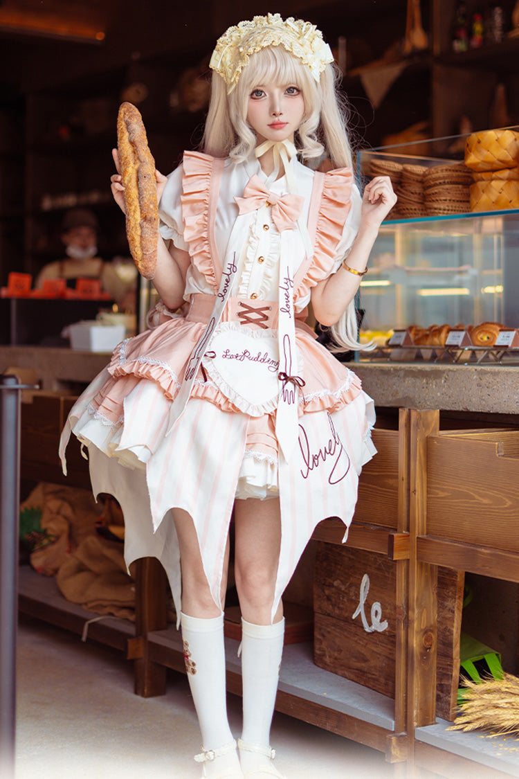 Fruit Pudding Vertical Lines Print Bowknot Irregular Sweet Lolita Dress 2 Colors