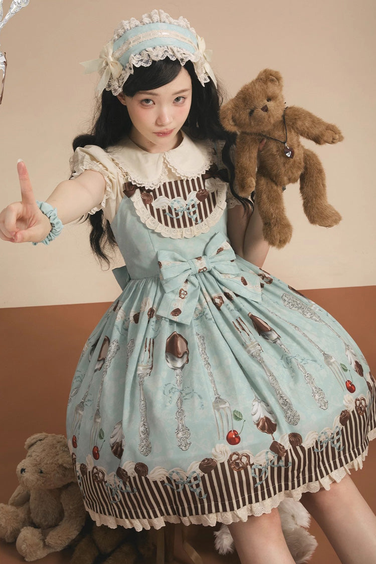 Green Chocolate Cherry Print Bowknot Sweet Lolita Jsk Dress