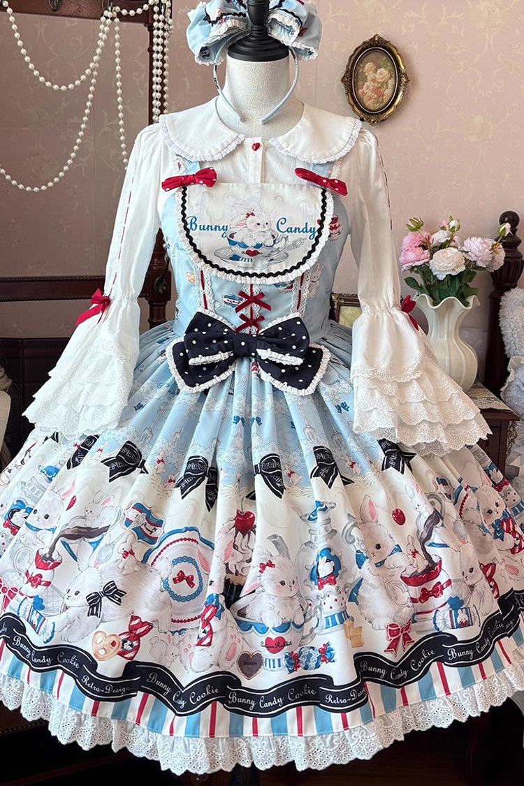 Blue Mystery Rabbit Tea Party Sleeveless Print Ruffle Bowknot Lace Sweet Lolita Jsk Dress