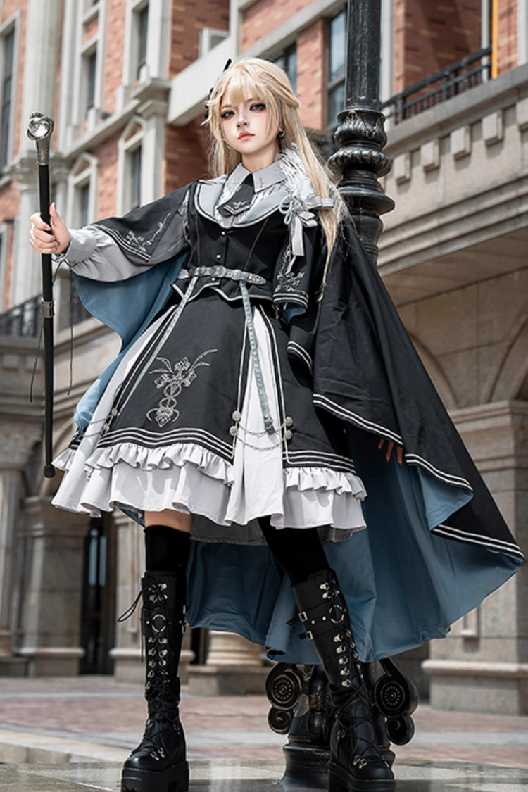 Black/Blue Dark Knight Contract Print Ruffle Gothic Military Elegant Lolita Skirt