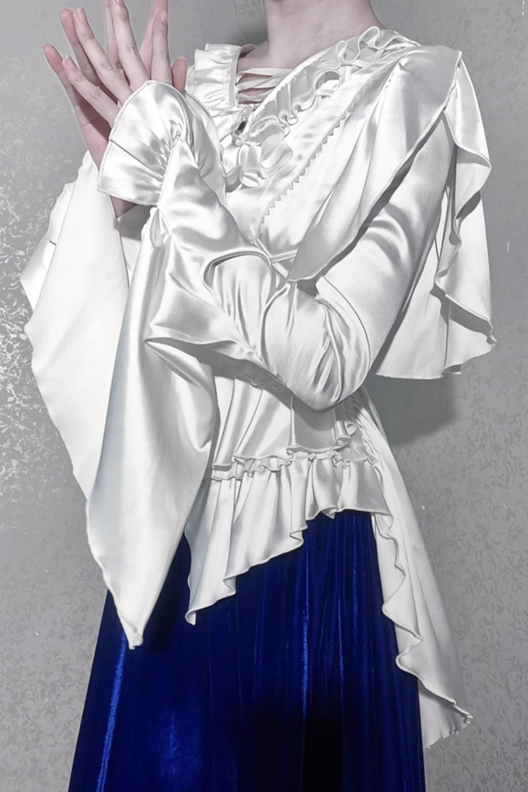 Echoes of the Deep Sea Long Hime Sleeves Ruffled Bow Lace-Up Gothic Ouji Lolita Blouse 4 Colors
