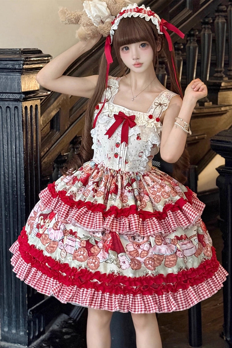 Red Strawberry Bear Sleeveless Double-Layered Print Ruffle Bowknot Sweet Princess Lolita Jsk Dress