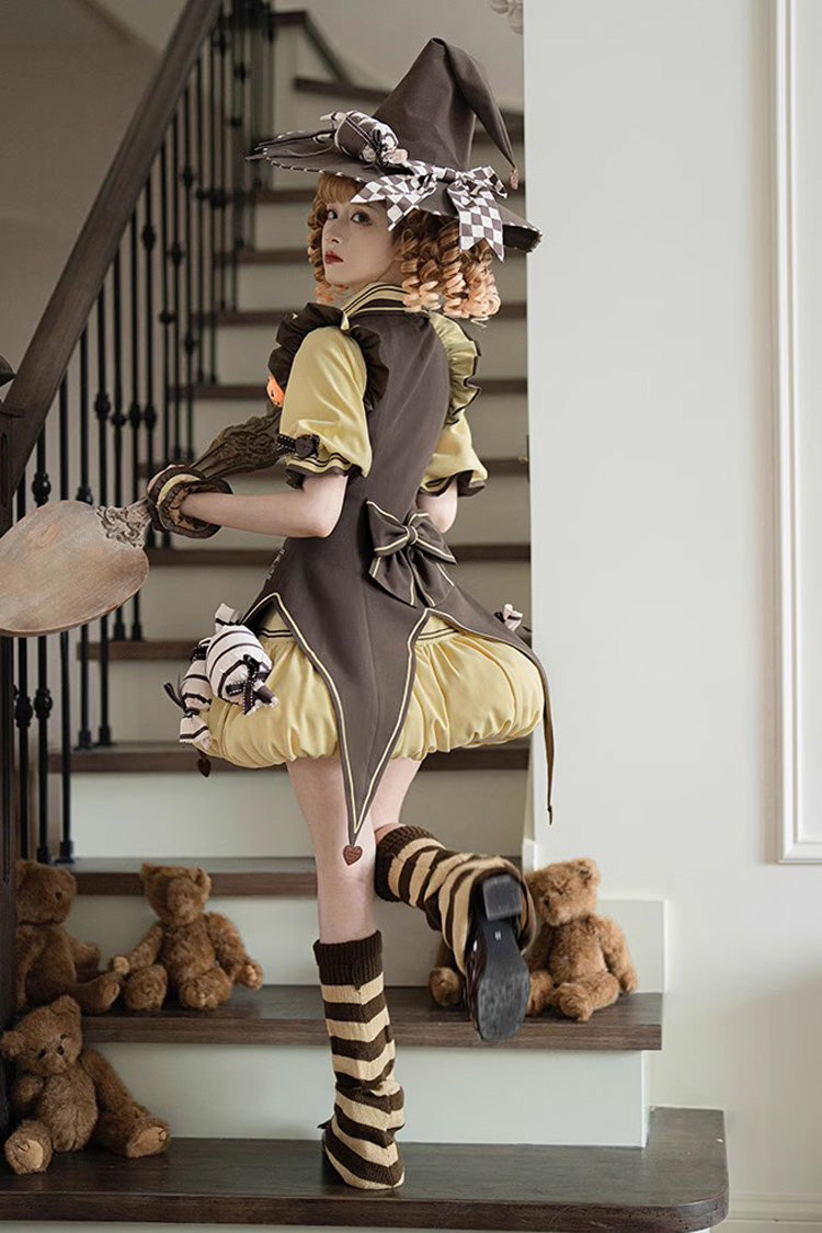 Brown/Yellow Witch and Paradise Short Sleeves Ruffle Bowknot Sweet Japanese Halloween Lolita Dress Vest Set