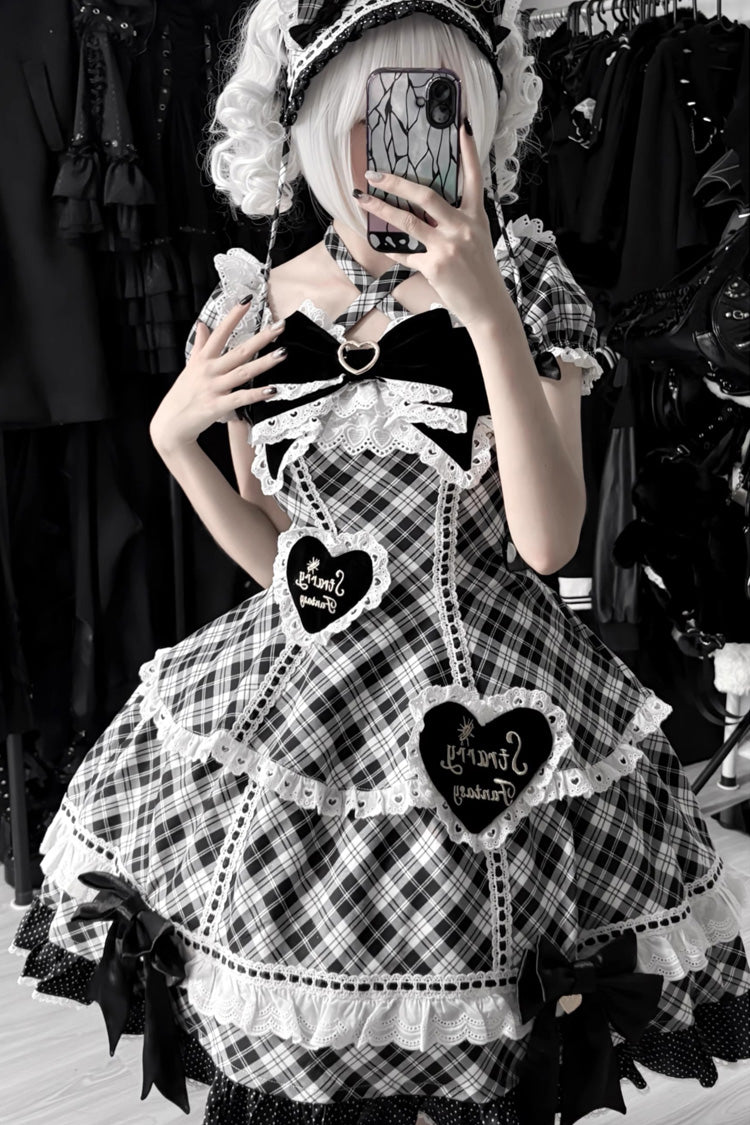 Black/White Shibuya Sweetheart Short Sleeves Plaid Print Ruffle Bowknot Sweet Lolita OP Dress (Plus Size Support)
