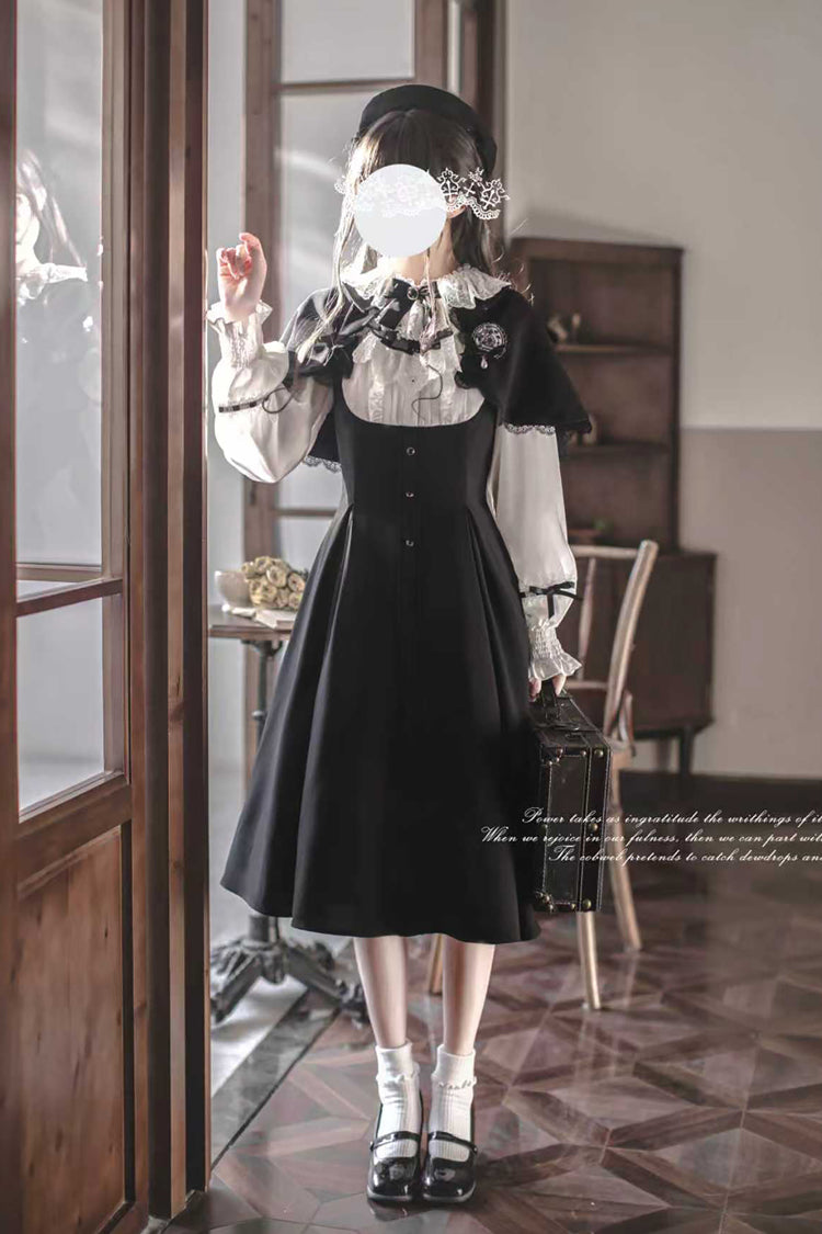 Black/White Sunset Academy Long Sleeves Ruffle Bowknot Fake Two Pieces Vintage College Style Elegant Lolita Dress