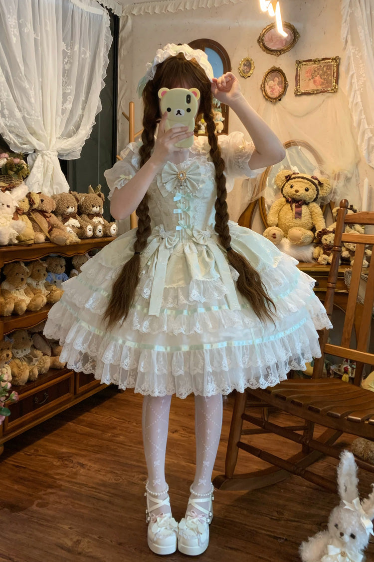 Green Snow Kissed Romance Sleeveless High Waisted Multi-Layered Bowknot Lace Pearl Sweet Ballet Lolita Jsk Dress