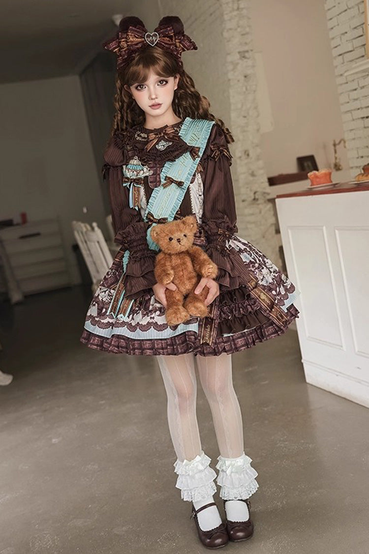 Brown Teddy Bear Chocolate Sleeveless Print Ruffle Side Cardigan Bowknot Asymmetric Sweet Lolita Strap Dress