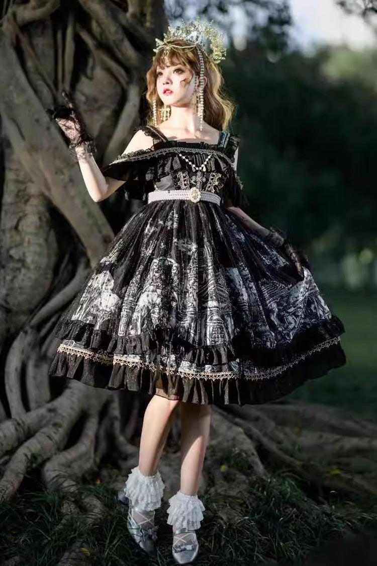 Black Castle Feast Print Ruffle Bowknot Gothic Princess Lolita Jsk Dress
