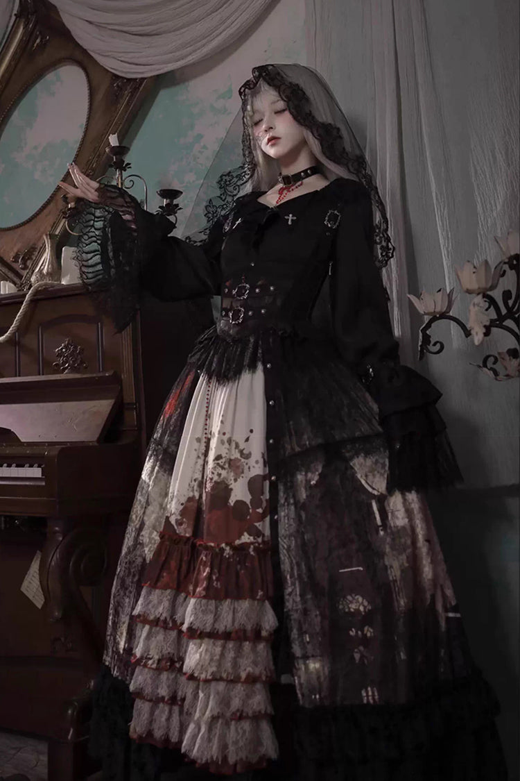Heretical Nun Sleeveless Multi-Layered Printed Ruffled Open-Front Gothic Plus Size Lolita Strap Dress Long Version 2 Colors