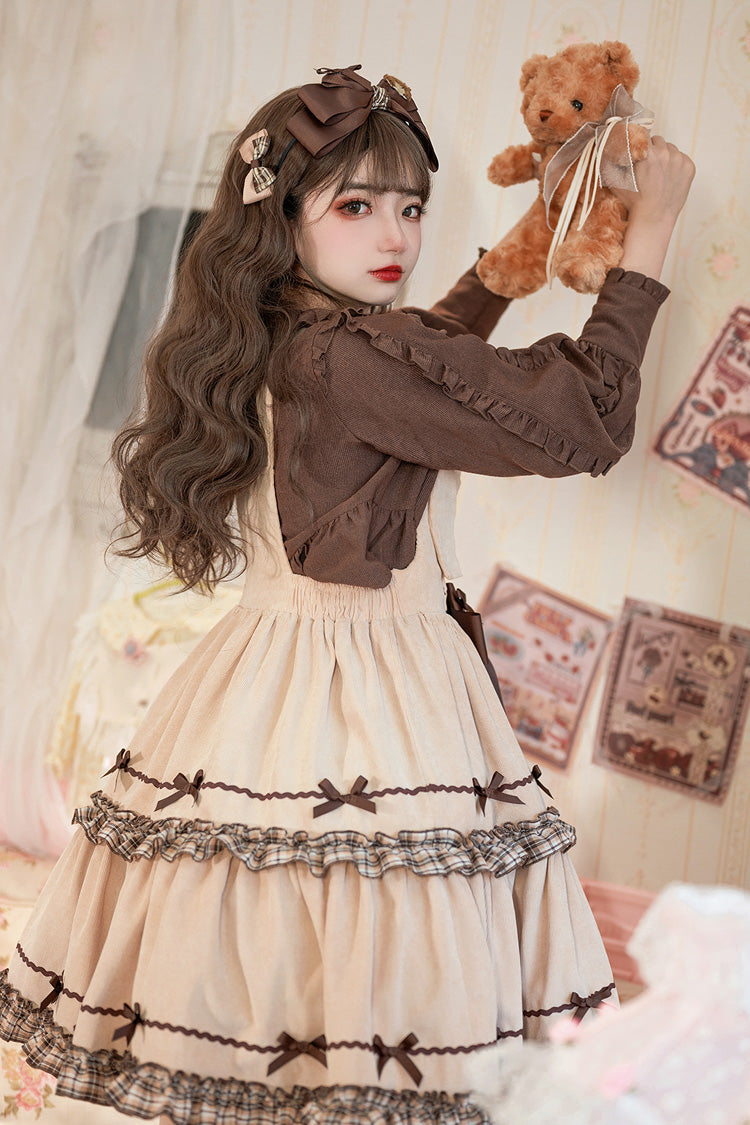 Khaki Cute Bear Embroidery Print Sleeveless Double-Layered Ruffle Bowknot Sweet Lolita Jsk Dress